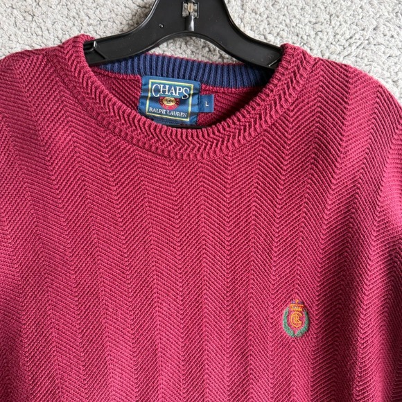 Chaps Ralph Lauren Mens Large Burgundy Chevron Cotton Knit Sweater Vintage - Picture 3 of 11